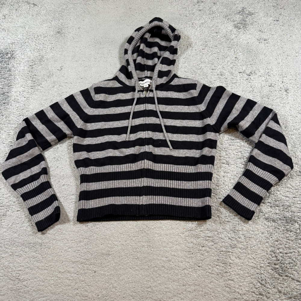 Urban Weekend Womens Zip Up Sweater Hoodie XL Black Grey Striped Rayon Blend